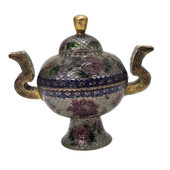 Cloisonne Plique-a-Jour Bowl & Covered Incense Burner Floral Butterfly Design - Picture 2 of 15